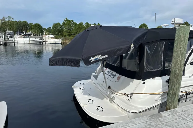 Slide: The Image of 2003 Sea Ray 410 Express Cruiser docked with canopy, surrounded by calm water and trees. - 51