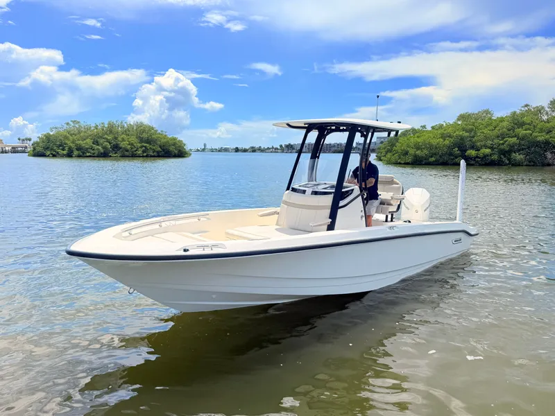 Slide: The Image of A 2027 Boston Whaler 220 Dauntless on calm water with blue sky and green shoreline. - 7