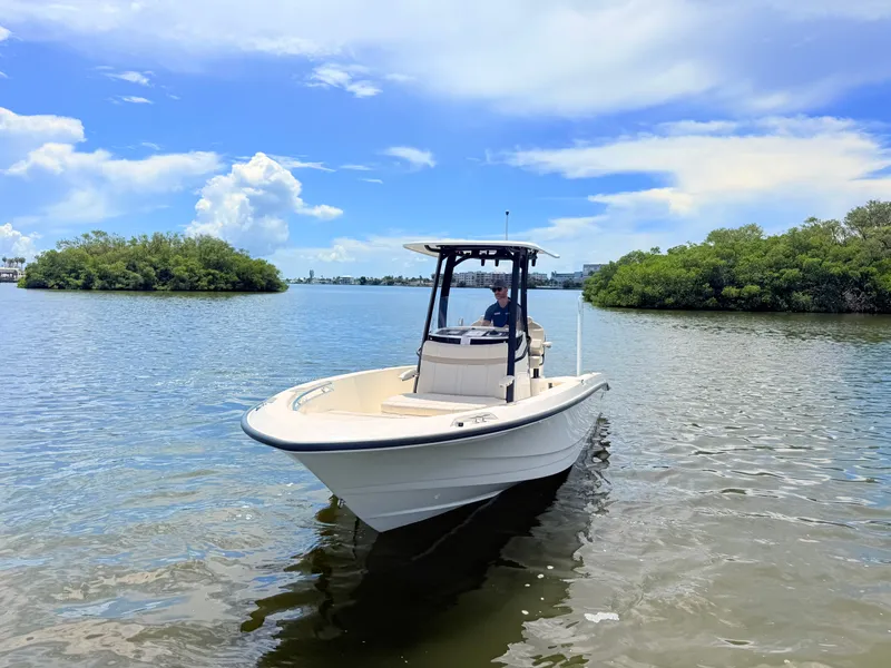 Slide: The Image of A 2027 Boston Whaler 220 Dauntless on calm water with green shoreline in the background. - 5