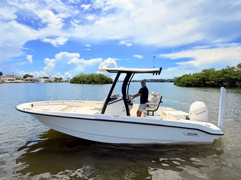 Slide: The Image of A 2027 Boston Whaler 220 Dauntless on calm water with a person at the helm. - 9