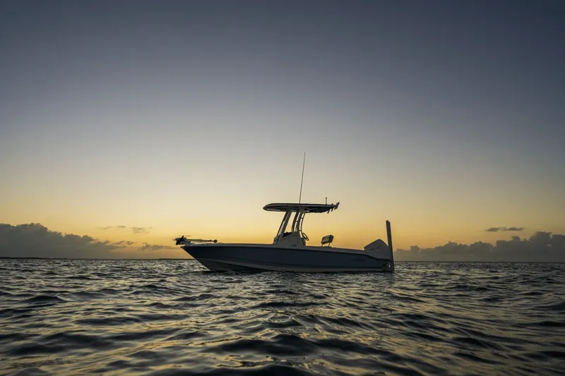 Slide: The Image of Boston Whaler 220 Dauntless at sunset on calm waters. - 19