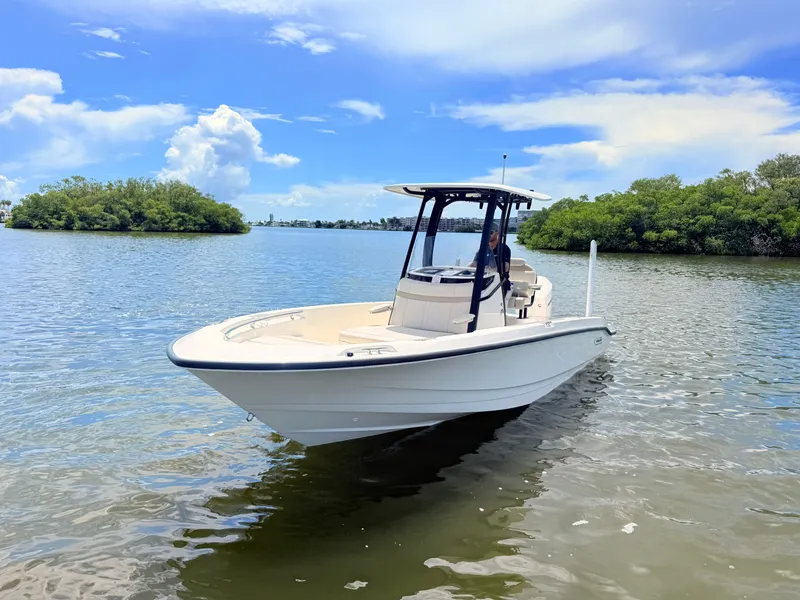 Slide: The Image of A 2027 Boston Whaler 220 Dauntless on calm water, surrounded by green vegetation. - 6