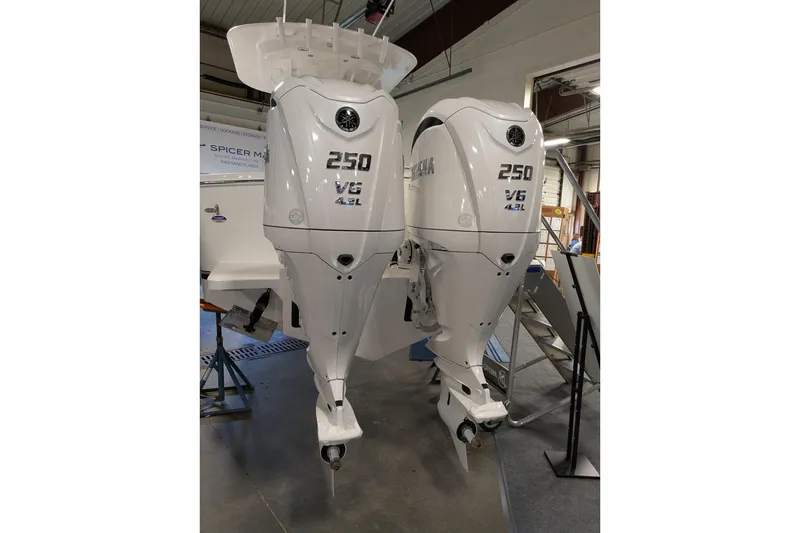 Slide: The Image of Twin Yamaha 250 V6 outboard engines on a 2025 Regulator 25 boat. - 57