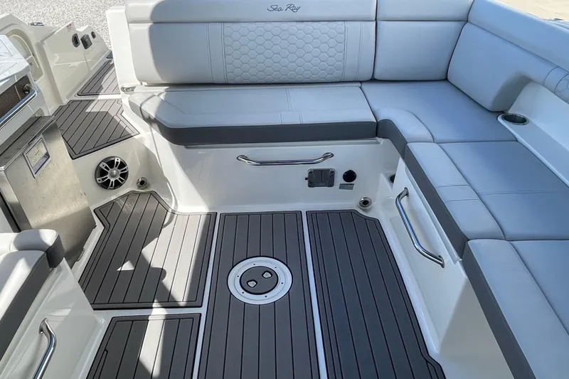 Slide: The Image of 2023 Sea Ray SDX 290 Outboard interior with sleek seating and modern design. - 30