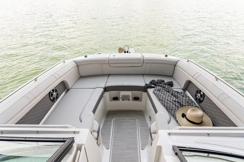 Slide: The Image of Manufacturer Provided Image: 2023 Sea Ray SDX 290 Outboard boat interior with spacious seating and lake view. - 5