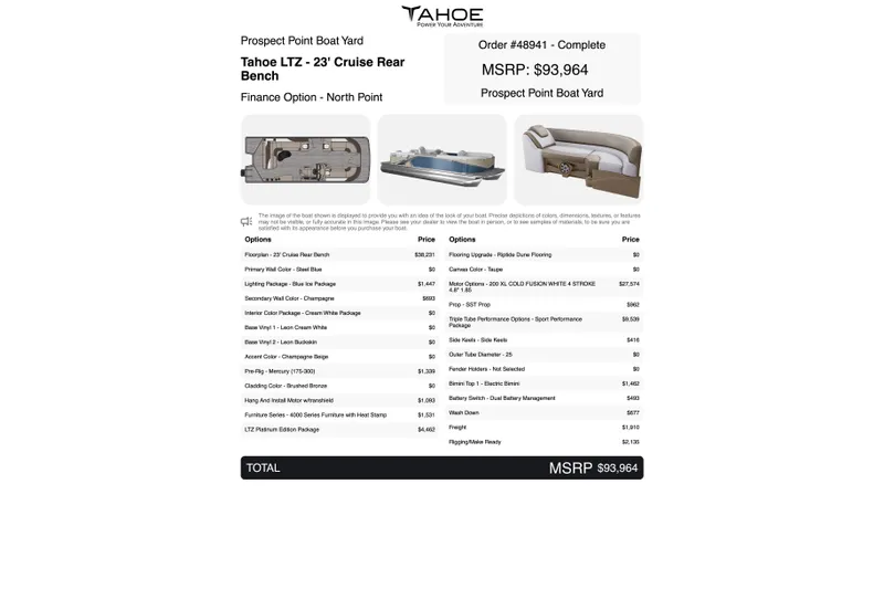 Slide: The Image of Tahoe Pontoon LTZ CRB 2026 boat specifications and pricing details, MSRP $93,964. - 10