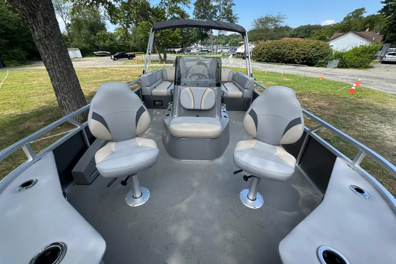 Slide: The Image of 2026 Tahoe Pontoon Sport 85 Center Console Fish 23 with spacious seating and modern design. - 2