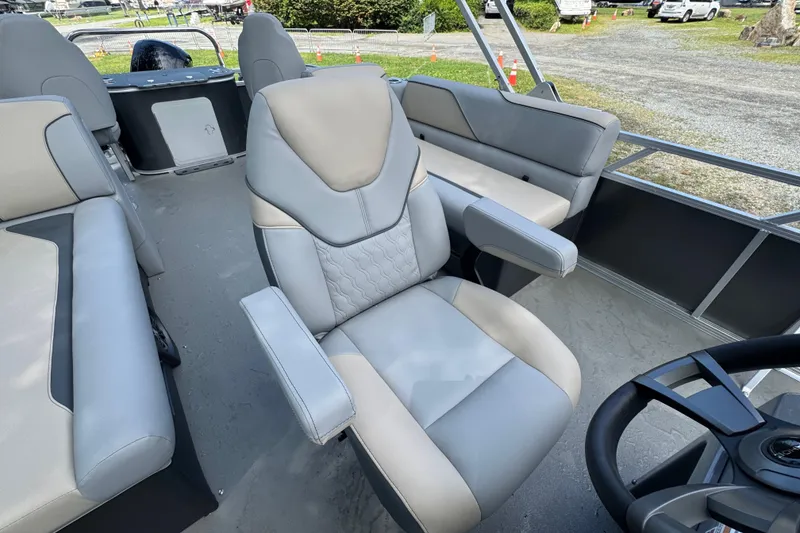 Slide: The Image of 2026 Tahoe Pontoon Sport 85 Center Console Fish 23 interior with comfortable seating. - 7