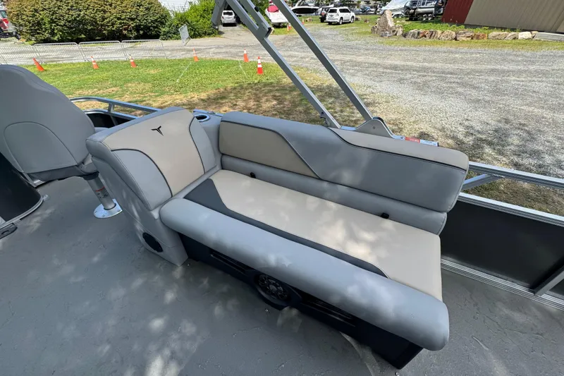 Slide: The Image of 2026 Tahoe Pontoon Sport 85 Center Console Fish 23 interior seating area. - 9