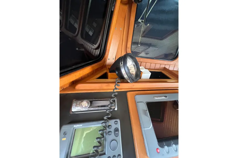 Slide: The Image of Cozy cabin interior of 1989 Hans Christian INDEPENDENCE 45 TRAWLER with twin beds and portholes. - 104