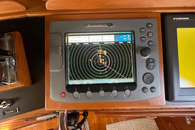 Slide: The Image of Shower area in 1989 Hans Christian INDEPENDENCE 45 TRAWLER, featuring tiled walls and wooden accents. - 114