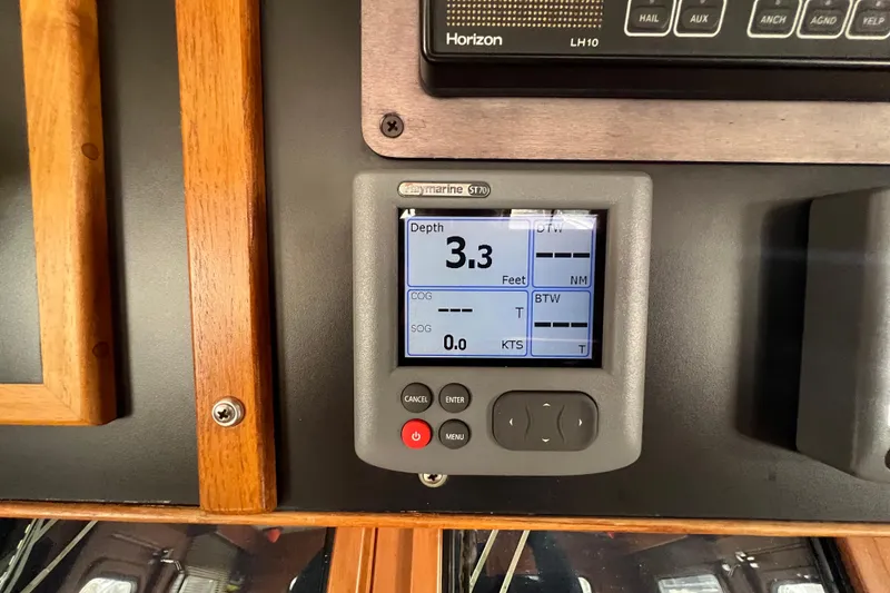 Slide: The Image of Interior of 1989 Hans Christian INDEPENDENCE 45 TRAWLER with wood accents and ceiling hatch. - 118