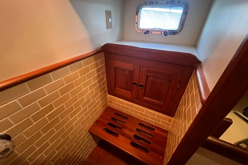 Slide: The Image of Engine room valves and pipes of a 1989 Hans Christian INDEPENDENCE 45 TRAWLER. - 135