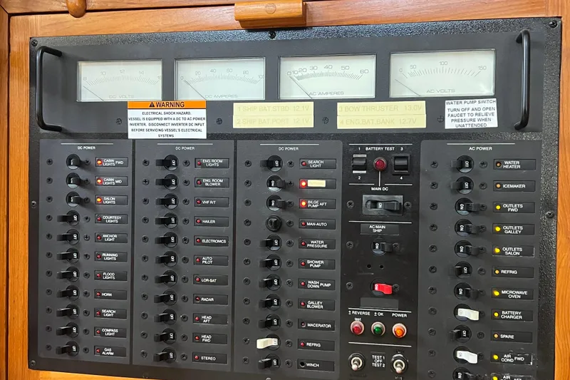 Slide: The Image of Engine room of 1989 Hans Christian INDEPENDENCE 45 TRAWLER with red mechanical components. - 162