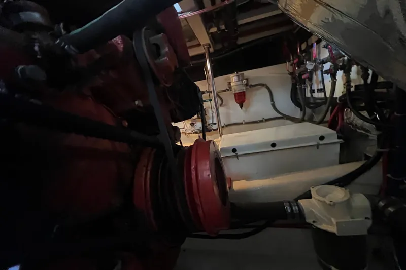 Slide: The Image of Engine room of 1989 Hans Christian INDEPENDENCE 45 TRAWLER with complex wiring and piping. - 167