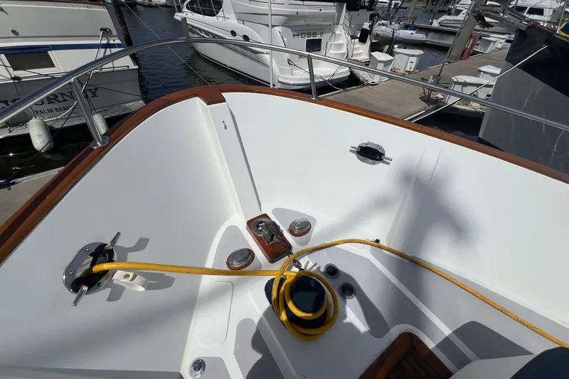 Slide: The Image of Open hatch on 1989 Hans Christian INDEPENDENCE 45 TRAWLER, showcasing wooden steps and deck. - 24