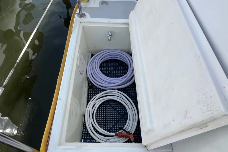 Slide: The Image of Radar and communication equipment on 1989 Hans Christian INDEPENDENCE 45 TRAWLER against blue sky. - 32