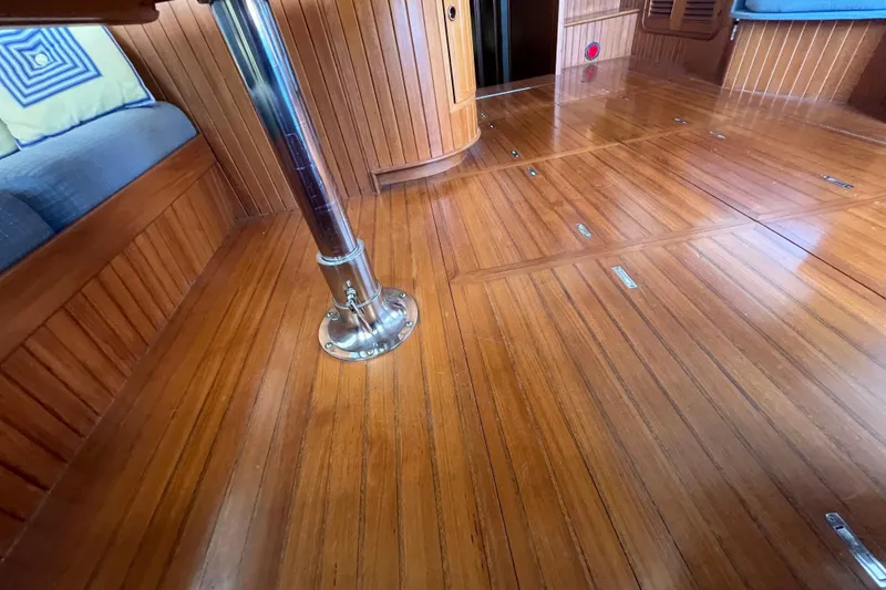 Slide: The Image of Interior of 1989 Hans Christian INDEPENDENCE 45 TRAWLER with wooden helm and controls. - 69