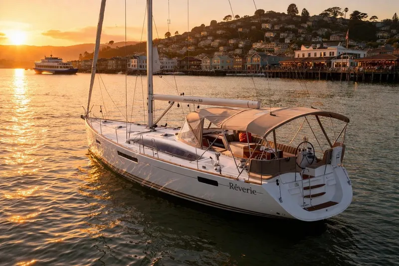 The Image of 2015 Jeanneau 53 yacht sailing near a scenic island with a historic building. - 0