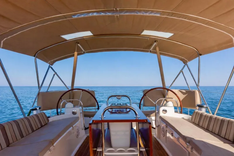 Slide: The Image of Spacious cockpit of 2015 Jeanneau 53 yacht with ocean view and comfortable seating. - 11