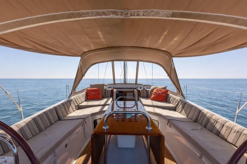 Slide: The Image of Luxurious Jeanneau 53 yacht interior, 2015 model, with spacious seating and ocean view. - 12