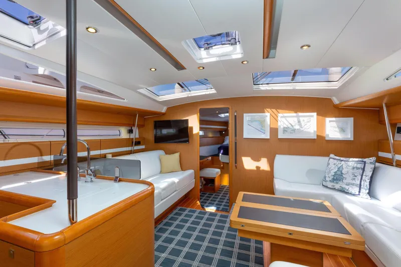 Slide: The Image of Control lines on a 2015 Jeanneau 53 sailboat, labeled for easy handling. - 22