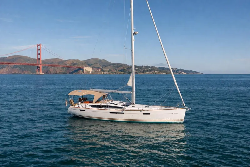 Slide: The Image of Jeanneau 53 sailboat, 2015 model, near Golden Gate Bridge on calm waters. - 3