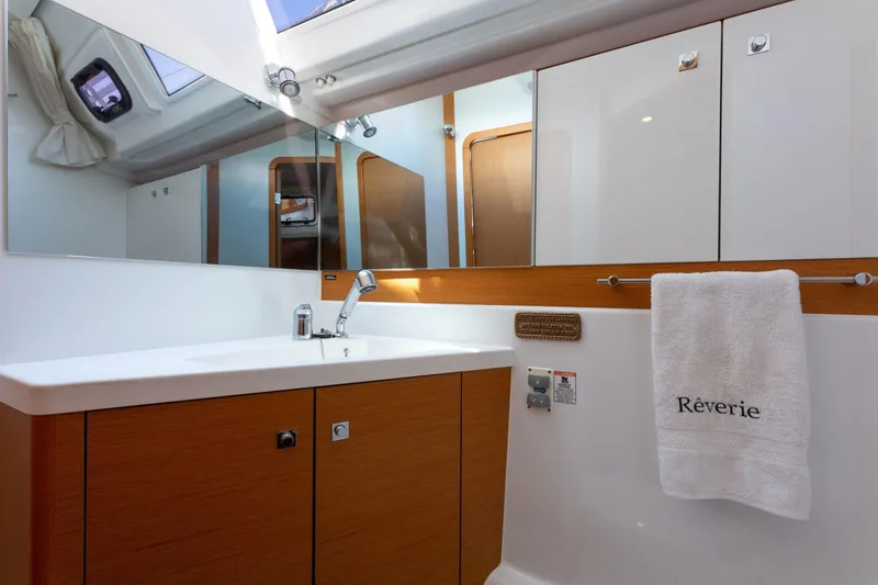 Slide: The Image of Luxurious bathroom interior of 2015 Jeanneau 53 yacht with modern fixtures and elegant design. - 46