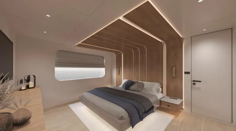 Slide: The Image of Luxurious bedroom interior of 2026 Sunreef Ultima 88 yacht, featuring modern design and ambient lighting. - 11