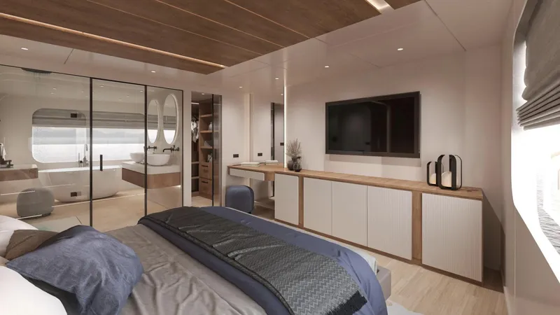 Slide: The Image of Luxurious Sunreef Ultima 88 yacht bedroom, featuring modern decor, large TV, and elegant furnishings, 2026 model. - 13