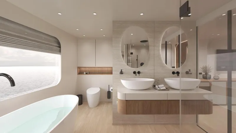 Slide: The Image of Luxurious bathroom on 2026 Sunreef Ultima 88 yacht, featuring dual sinks and ocean view. - 14