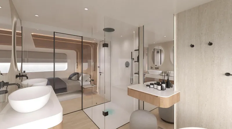 Slide: The Image of Luxurious interior of 2026 Sunreef Ultima 88 yacht, featuring modern bathroom and bedroom design. - 15