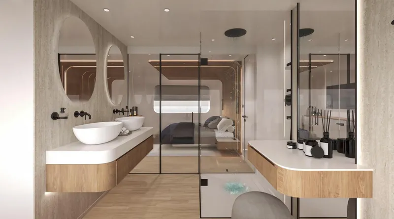 Slide: The Image of Luxurious bathroom interior of 2026 Sunreef Ultima 88 yacht, featuring modern design and elegant fixtures. - 16