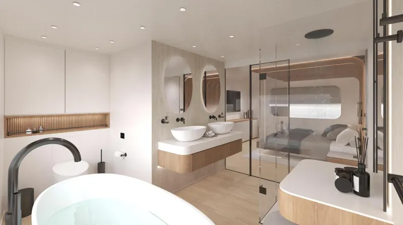 Slide: The Image of Luxurious Sunreef Ultima 88 yacht interior, featuring modern bathroom and bedroom design, 2026 model. - 17