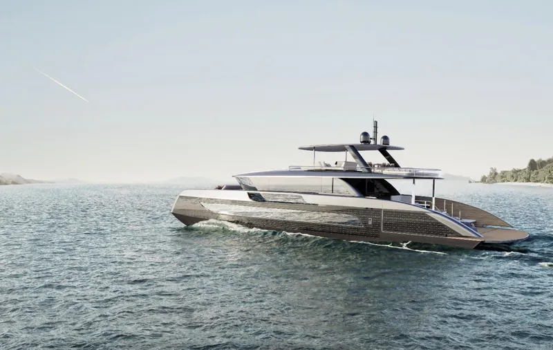 Slide: The Image of Luxury Sunreef Ultima 88 yacht cruising on open water, 2026 model. - 2