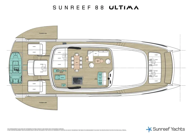 Slide: The Image of Deck layout of 2026 Sunreef Ultima 88 yacht, featuring spacious living and dining areas. - 22