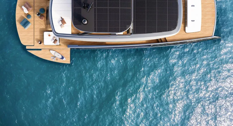 Slide: The Image of Aerial view of Sunreef Ultima 88 yacht on blue ocean waters, 2026 model. - 4