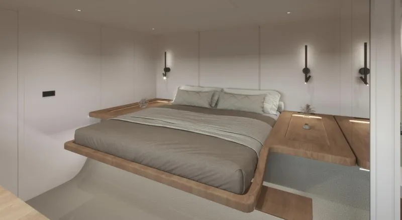 Slide: The Image of Luxurious bedroom interior of 2026 Sunreef Ultima 88 yacht, featuring modern design and elegant lighting. - 5