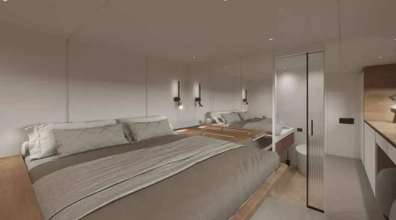 Slide: The Image of Luxurious bedroom interior of 2026 Sunreef Ultima 88 yacht, featuring modern design and elegant furnishings. - 6