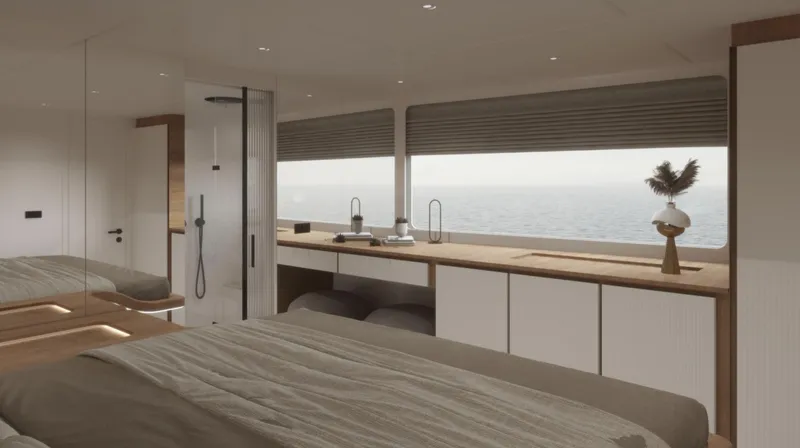 Slide: The Image of Luxurious Sunreef Ultima 88 yacht interior, featuring elegant bedroom with ocean view, 2026 model. - 7