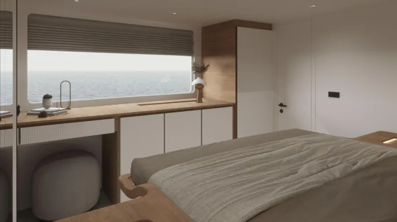 Slide: The Image of Luxurious interior of 2026 Sunreef Ultima 88 yacht with ocean view and modern decor. - 8
