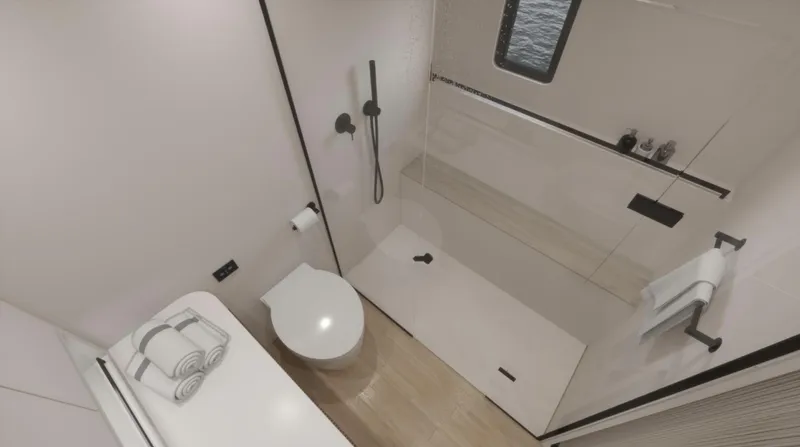 Slide: The Image of Luxurious bathroom in 2026 Sunreef Ultima 88 yacht, featuring modern shower and sleek design. - 9