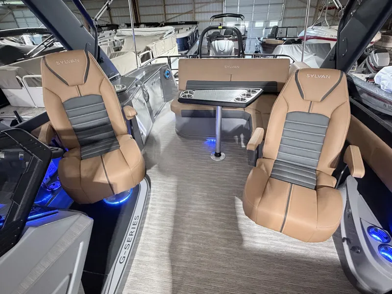 Slide: The Image of Interior of 2026 Sylvan G5 CLZ DH Arch Tritoon with luxurious seating. - 4