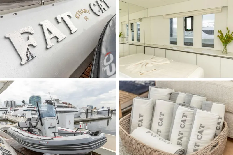 Slide: The Image of 2024 Sunreef 80 Power yacht interior and exterior details, featuring "Fat Cat" branding. - 6