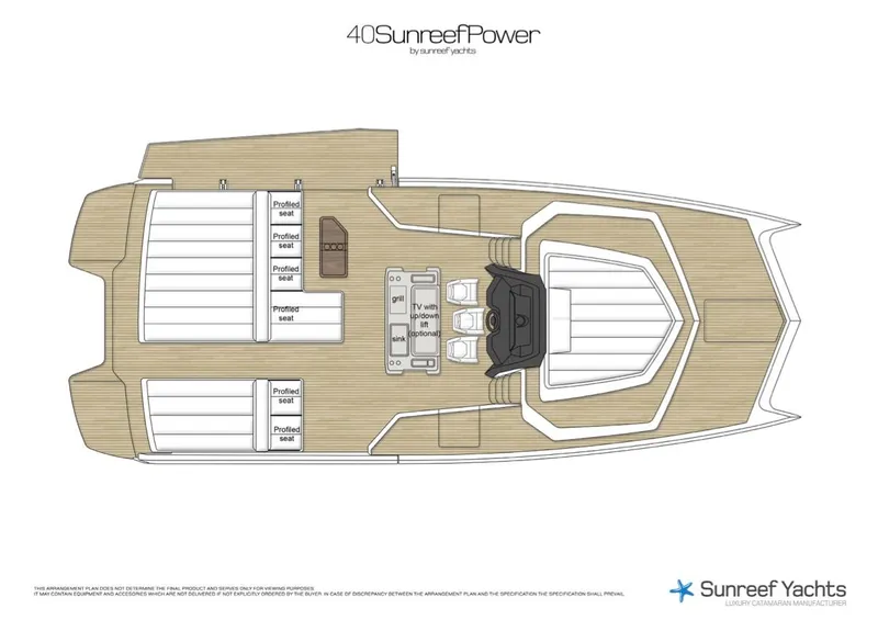 Slide: The Image of Floor plan of 2018 Sunreef 40 Power yacht, showcasing deck layout and seating arrangement. - 18