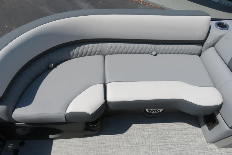 Slide: The Image of Luxurious seating on 2026 Avalon Catalina Quad Lounge Shift boat, featuring elegant gray upholstery. - 34