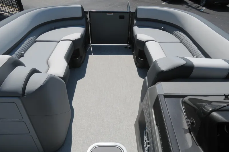 Slide: The Image of 2026 Avalon Catalina Quad Lounge Shift boat interior with gray seating and spacious layout. - 42