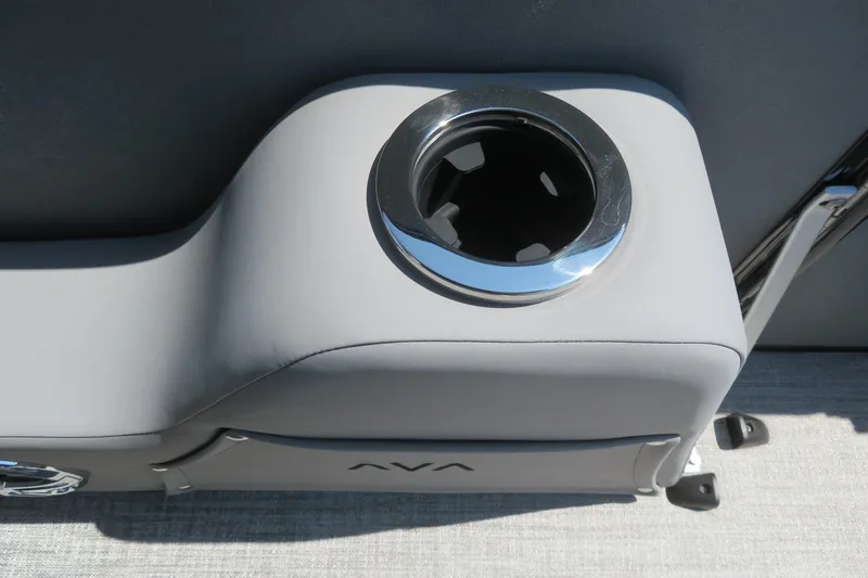Slide: The Image of Cup holder on Avalon Catalina Quad Lounge Shift 2026 boat, featuring sleek gray upholstery. - 49