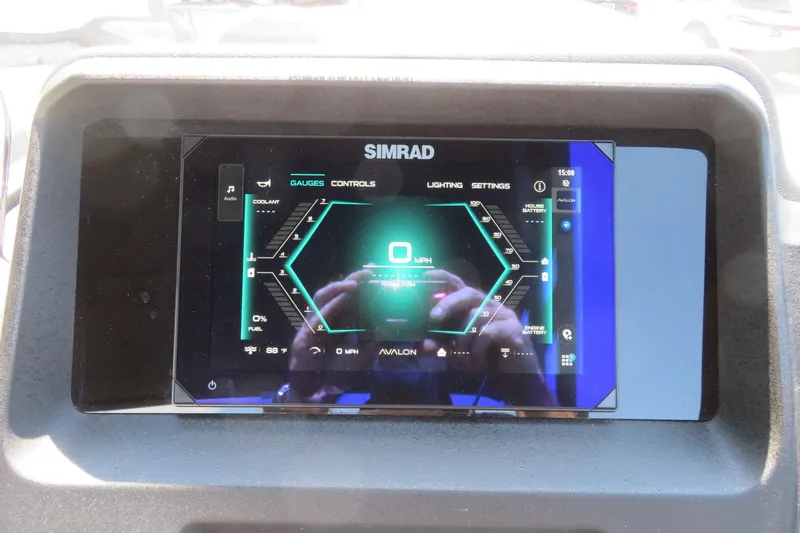 Slide: The Image of Simrad display on 2026 Avalon Catalina Quad Lounge Shift, showing gauges and settings. - 54