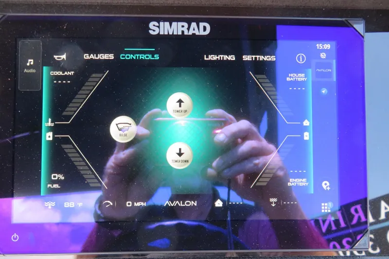 Slide: The Image of Simrad control panel on Avalon Catalina Quad Lounge Shift 2026, displaying gauges and settings. - 57